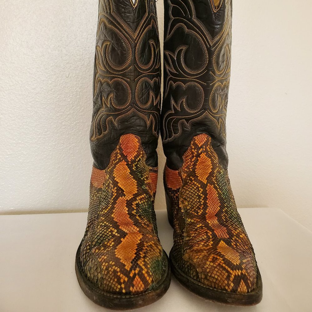 Anaconda 7 1/2 painted green yellow orange black western cowboy boots snakeskin - Picture 2 of 10